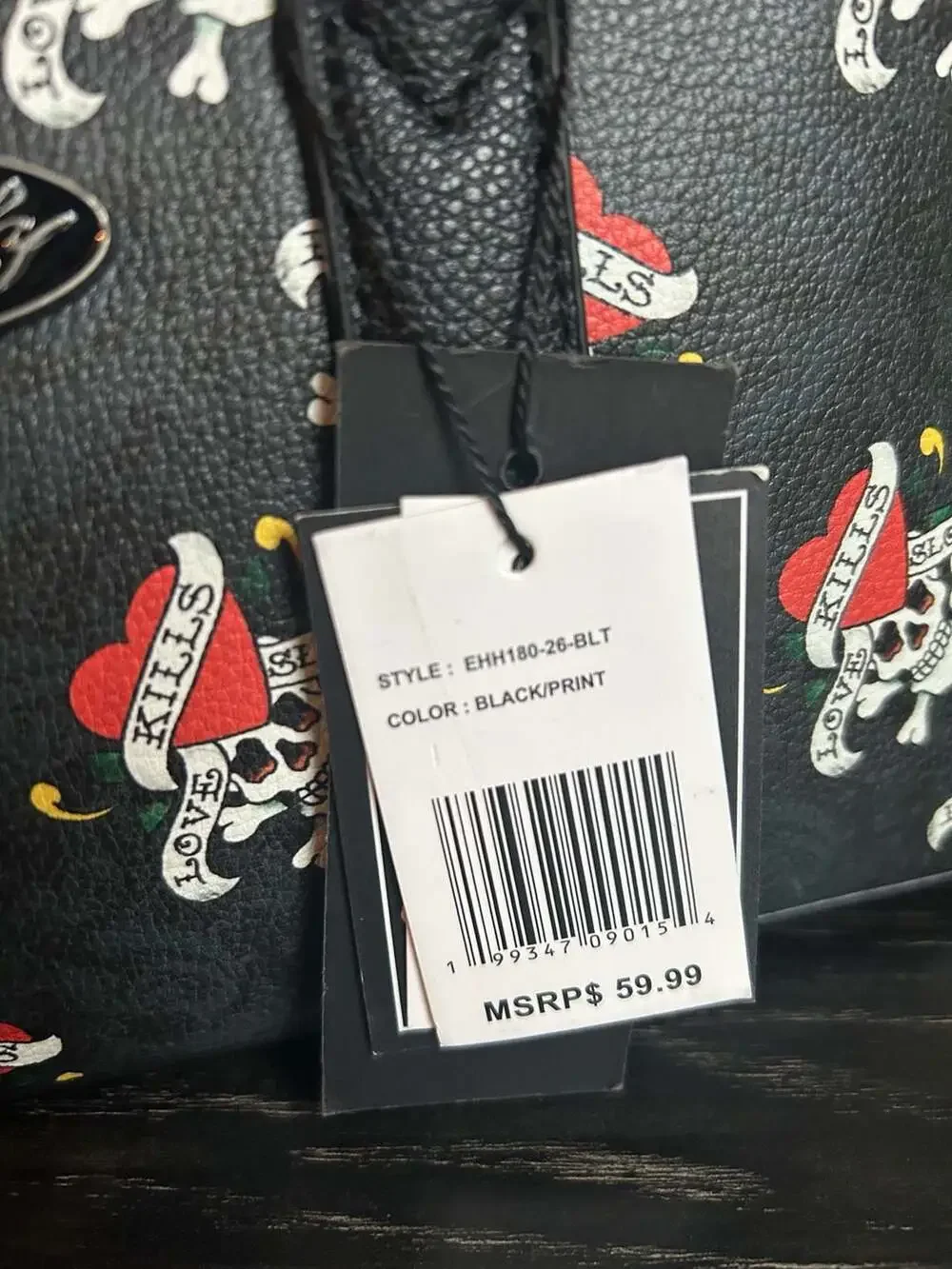 NWT Ed Hardy Love Kills Slowly Black Skull Print Satchel Bag with Heart Charm - Picture 2 of 5
